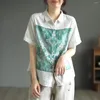 Blouses feminina feminina Camisa de fios de algodão Botão de colarinho virado de colar de manga curta Tops retrô 2023 blusa casual do tipo Slim