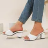 Sandaler Solid Color Chunky Med Heel Square Clip Toe Single Band Women Dress Shoes Summer Casual Slides
