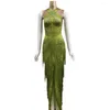 Party Decoration Green Tassels Elastic Prom Dress Rhinestone Dance Outfit Wear Nightclub Show Long Stage