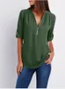 Camicette da donna Camicia con cerniera solida Allentato Plus Size Manica lunga Chiffon Blusas Top Donna Sexy scollo a V Camicetta estiva casual Regalo