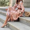 Casual Dresses Wepbel Bohemian With Belt Long Dress High midje V-Neck Summer Bohe Women Printed mode full längd ROBE