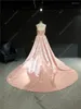 Party Dresses Vestidos de Fiesta Real Po Pink Color V -ringpärlor med fjädrar -Längd formell dans Swards prom aftonklänning
