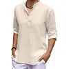 Men's Casual Shirts 2023 Men Cotton Linen T-shirts Summer V Collarless Long Sleeve Solid Sand Beachwear Office Man Tee Shirt Tops