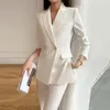 Женские женские брюки High Street EST 2023 Fashion White Corem Set Set Women Elegant Double Button Slim Fit Blazer Poat и широкая нога