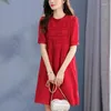Festklänningar eleganta för kvinnor 2023 Summer Short Sleeve Vintage Women's Red Dress A-Line Pure Real Silk Woman Fashion