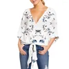 Blusas de mujer, camisa de verano para mujer, decoración con nudos, mangas tres cuartos, Top femenino con cordones, blusa con escote en V profundo, estampado de flores, corte bajo para mujer