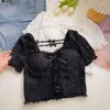 Chemisiers pour femmes Hauts pour femmes et dentelle Patchwork Blusas élégants Chemises pour femmes à manches courtes Soutien-gorge intégré Été Bow Lace-up Dropship