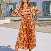 Casual Dresses V Neck Long Sleeves Waist Tight High-Waist Pleated Flowy Hem Autumn Dress Women Fashion Print Shirt Midi Daily Clothing