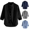 Camisas informales para hombre, camiseta de manga larga con cuello en V de Color sólido y bolsillo con botones, camiseta de lino y algodón de alta calidad, camiseta completa