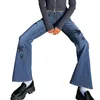 女子ジーンズアメリカンストリートレトロスタイルの女性フレアデニムパンツカジュアルスターパッチワークストリートウェア用の伸縮性ベルボトムポケット