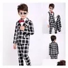 Abiti Flower Boys Scuola formale per matrimoni Blazer scozzese di marca Gilet 3 pezzi Tuxedo Kids Prom Party Dress Set di abbigliamento 230524 Drop Del Dhchx