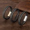 Charm Bracelets Men Fashion Jewelry Stainless Steel Braided Leather Rope Bracelet Punk Accessories Black Magnetic Clasp Bangles Wholesale