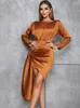 Casual Dresses Fashion Elegant Long Sleeve Satin Mini For Women Sexy O Neck Ruched Lace Up Bodycon Celebrity Evening Party Dress