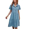 Denimklänning för kvinnor Babydoll Tiered Short Sleeve Button Down Jean Shirt Dresses