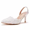 Sandales 7cm Bouche Peu Profonde Pointu Dentelle Blanche Talon Mince Chaussures De Mariage Robe De Mariée