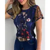 Blusies feminina malha feminina malha de manga com babados de camiseta de verão Fashion Flower Bordado de bordado cutil sheer tops ladies slim redonda colarinho