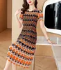 Luxury ISSEY Pleated Fashion Casual Dress Retro Dress Stripe Contrast Print Dress