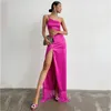 Casual Dresses Foridol One Shoulder Strap Sexy Party Dress Women Maxi Rose Red Tassel Satin Vestidos De Fiesta Irrgular Slit Summer Sundress