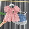 Clothing Sets Girls' Summer Fashionable Set Korean Edition Children's Fragmented Bubble Sleeve Shorts Two Piece