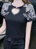 女性用TシャツカジュアルレトロダイヤモンドTシャツ丸ネックカットアウトプルオーバー半袖トップ2023ファッション服