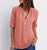 Camicette da donna Camicia con cerniera solida Allentato Plus Size Manica lunga Chiffon Blusas Top Donna Sexy scollo a V Camicetta estiva casual Regalo