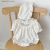 Rompers 2023 Summer New Baby Short Sleeve O-neck Embroidered Romper Girls White Bodysuit + Hat 2 Piecces Suit Kids Cotton Jumpsuit 0-2Y T230529