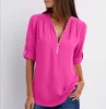 Camicette da donna Camicia con cerniera solida Allentato Plus Size Manica lunga Chiffon Blusas Top Donna Sexy scollo a V Camicetta estiva casual Regalo