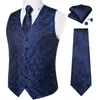Мужские жилеты темно-голубые мужчины Paisley Vest Vest For Business Party Wedding Fashion 4 PCS TAISTCAOT POCKET SQUERED MUFFLINKS SET LUXURY