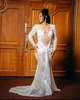 2023 Arabski Aso Ebi White Mermaid Suknia ślubna Perły cekinowe Koronki See przez sukienki ślubne sukienki ZJ322
