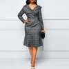 Casual jurken Elegant Plaid Party for Women 2023 Lange mouwknoppen Hoge taille Slim Office Work Bodycon geplooide kledingkleding