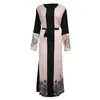 Ethnic Clothing Islamic For Women Elegant Dress Crewneck Print Long Sleeve Patchwork Muslim Veiled Dresses With Belt Robe Elegante