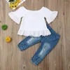 衣料品セット幼児の子供の服の女の子が肩のトップから袖をフリルするデニムパンツズボンファッション衣装