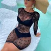 Robes décontractées Sexy Bodycon Lingerie Robe Sans Bretelles Manches Longues Maille Voir À Travers Évider Résille Mini Party Club Dames Plage