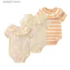 Barboteuses 3 pièces 2022 nouveau-né bébé fille vêtements coton à manches courtes été 0-12M infantile body couleur unie Bebes T230529