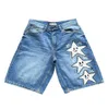 Mäns shorts denim shorts mäns sommar amerikansk tryck retro casual neutral byxor y2k high street löst rak bred ben fempunkt byxor 230529