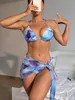 Traje de baño de mujer Sweet Sexy Girl Tie-dye Print Bikini 3 piezas Set Mujeres Traje de baño Tie Up Halter Bra Bragas Wrap Falda Bufanda Traje de baño