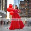 Party Dresses Elegant Red Evening Dress For Woman Illusion Long Sleeves Slit Tiered A Line Floor Length Prom Gown Vestidos De Noche