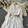 Casual Dresses Spring Sweet Lace Stitching Chiffon Dress Women Fashion Slim First Pleated Long Sleeve White Clothes Vestidos De Fiesta J405