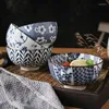 Bowls 4Pcs/Set Retro Ceramic Bowl Household Rice Noodle Creative Blue And White Porcelain Soup Underglaze Tableware Set