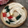 Chains 6 Strands White Pearl Red Coral Green Jade Necklace 27"