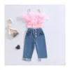 Ensembles De Vêtements Filles D'été Outfit Mode Enfant Enfants Rose Sans Manches Plume Camisole Denim Avec Poches 230523 Drop Delivery Bébé Dhi0Z