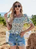 Bluzki damskie Seksowne kwiatowe elastyczne koszulę Kobieta letnia kwadratowa kołnierz moda koszule z krótkim rękawem dla kobiet 2023 Casual Folds Slim Tops Femme