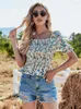 Blusas femininas sexy floral camisa elástica feminina verão gola quadrada moda manga curta camisas para mulheres 2023 casual dobras finas tops femme