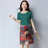 Casual Dresses Women Vintage Folk-custom Dress Print Stitching Summer Short Sleeve Loose Midi A-line Skirt
