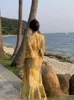 Casual Dresses 2023 Summer Women Yellow French Style Floral Print Wrap Long Dress Vintage Holiday Elegante Evening Vestidos de Noite