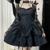 Vestidos casuais rendas góticas up vestido de verão preto mulheres streetwear longa de manga longa vê através do halter elegante partido sexy mini