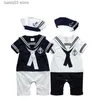 Rompers baby marinen romper sommar nyfödda barn pojkar flickor sjöman jumpsuit hatt 2 st kropp kort ärm ankare tryckt kostym t230529