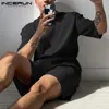 Herrspårar män sätter fast färg veckad streetwear o hals halva hylsa t short shorts 2 st mode män avslappnade kostymer s-5xl incerun 230619