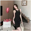 Abiti casual Estate O-Collo senza maniche Flash Drill Midi Dress Girls Elegant Letter Print Vita alta Slim Bodycon Mini per le donne