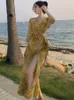 Casual Dresses 2023 Summer Women Yellow French Style Floral Print Wrap Long Dress Vintage Holiday Elegante Evening Vestidos de Noite